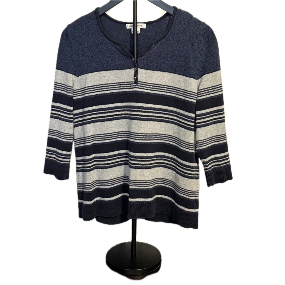 Liz Claiborne Blue‎ Gray Silver Striped Lightweight Sweater Size L